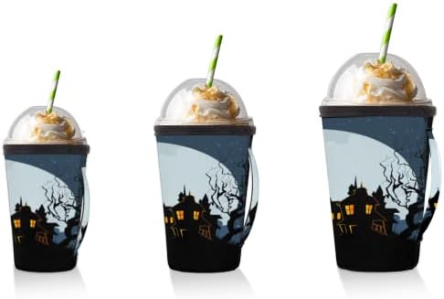 Хелоуин Castle Moon многократна употреба Кафе ръкав с лед с дръжка от Неопрен за Напитки, кафе лате, Чай, Напитки, Бира (Голям 30-32 унция)