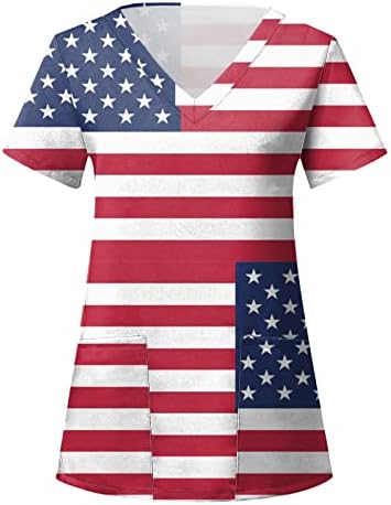 Ризи 4 Юли за Жени с Флага на САЩ, Лятна Тениска с Къс Ръкав и V-образно деколте и 2 Джобове, Блузи, Празнична Ежедневни работни Дрехи