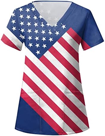 Ризи 4 Юли за Жени с Флага на САЩ, Лятна Тениска с Къс Ръкав и V-образно деколте и 2 Джобове, Блузи, Празнична Ежедневни работни Дрехи