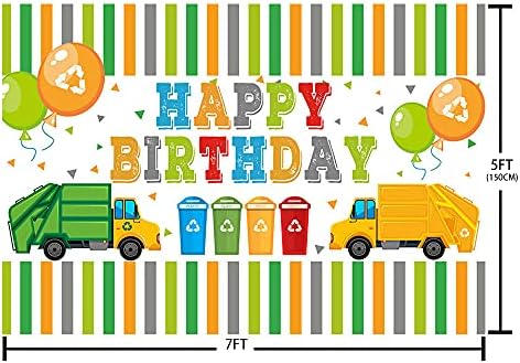 ABLIN 7x5ft боклукчийски камион Момчета честит Рожден Ден на Фона на Управление на Отпадъците Цветна Ивица Зелен Жълт боклукчийски камион кофа за Боклук Фон Украса За Парти Торта Маса Банер Подпори, Прозрачен