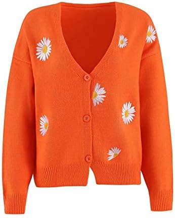 Дамски Маргаритка цветен принт вязаный пуловер с дълъг ръкав v-образно деколте, бутон надолу жилетка отворени отпред палто 90-те години на върховете на горната дреха