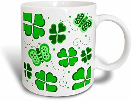 Керамична чаша 3dRose mug_77558_1 Зелено-бели пеперуди и една детелина, 11 грама, Многоцветен