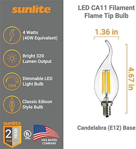 Лампа за полилеи Sunlite 41745 с led конци CA11 Flame Съвет, 4 W (еквивалент на 40 Вата), 320 Лумена, База като канделябра (E12), с регулируема яркост, Прозрачно стъкло Edison, е посочено в UL, 1800 ДО Броя свещи 6