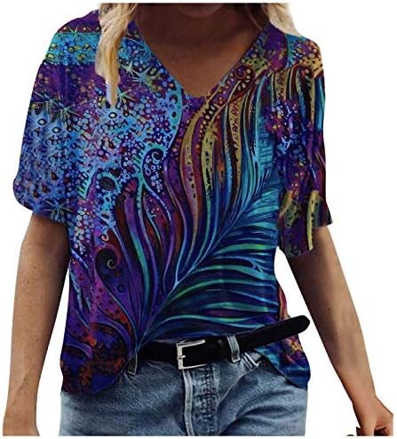 Летни Ежедневни Блузи за Жени На цялото Тяло, на Върхове с Цветни Принтом, Тениски с V-образно деколте и Къс Ръкав, Модни Блузи 2023