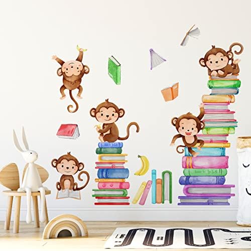 Маймуна Стикери За Стена Животни Маймуна Четене на Книги, Стикери за Стена за Детска Стая-Детска Спалня Класната Стая Декора на Стените