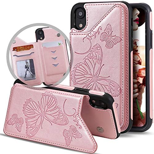 Чанта-портфейл за iPhone XR за жени/Момичета с държач за карти, Vodico, Сладко Тънък калъф-награда от кожата пеперуди с релефни, Флип-портфейл за момичета, чантата с магнитна закопчалка, защитно поставка за цялото тяло,