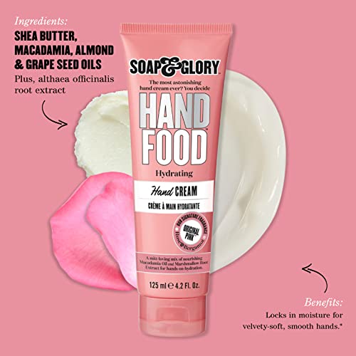 Крем за ръце Soap & Glory Hand Food - Бадемово масло + Масло от шеа За хидратиране на епидермиса и ръце Овлажняващ крем за ръце с аромат на роза и бергамот за сухи ръце (125 мл)