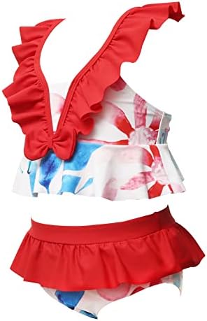 Детски Бански костюми за момичета, Бикини от две части с волани, Бански костюм за Деца, Детска Плажно облекло, Комплект на бански костюми за Малките момичета (Червен, 6-8 години)
