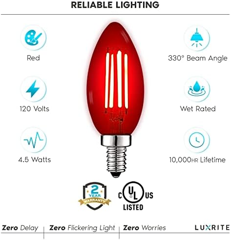 Led лампи с нажежаема жичка LUXRITE E12 Червен цвят, 4,5 W (Еквивалент на 40 Вата), Свещници от цветно стъкло, в Списъка на UL, Цокъл на E12, За помещения, Веранда, Декорация, парти,