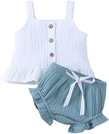 Xbgqasu/ Памучен Бельо Лятна тениска без ръкави с волани на бретелях За новородени момичета, Блузи, къси Панталони, Комплект дрехи за деца (светло синьо, 18-24 месеца)