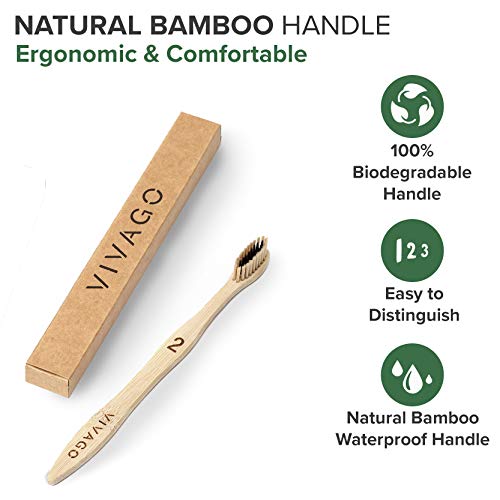 Биоразградими Бамбукови четки за Зъби VIVAGO с дървени въглища, Мека четина за чувствителни зъби, 10 x - Номерирани за по-лесно разпознаване - Компостируемая, екологично чиста, натурална, Множество дървена четка за