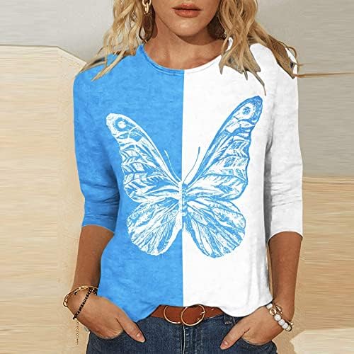 Тениска с изображение на пеперуда Y2K за Жени, Модни Блузи в стил Мозайка с 3/4 Ръкав, Ежедневна Туника с Кръгло деколте, Елегантен Потник За Излизане