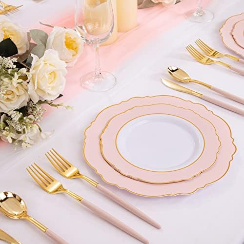 Сребърни LLSF от 90 теми от златния пластмаса, прибори за хранене от златния пластмаса с розови дръжки - за Еднократна употреба и прибори от злато включват 30 вилици, 30 ножове, 30 лъжици, са идеални за партита и сватби
