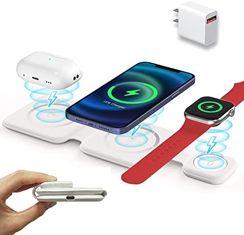 Магнитно безжично зарядно за iPhone: Преносими зарядно устройство CYFIBYNO 3 в 1, безжично зарядно устройство за пътуване iPhone съвместим с Magsafe за iPhone, Samsung, AirPods 3/2 / Pro, Apple iWatch.