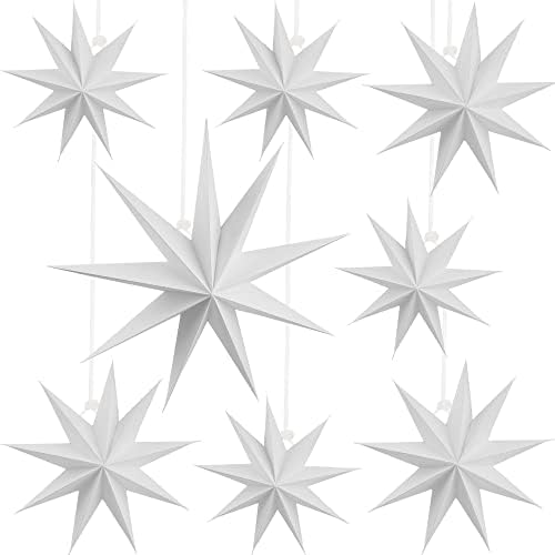 Cotiny 8 Бр. 3D Хартиени Звезди Коледни Бели Висящи Хартиени Звездни Прожектори Украса за Сватби Коледна Лампа за Рожден Ден, 3 Размера
