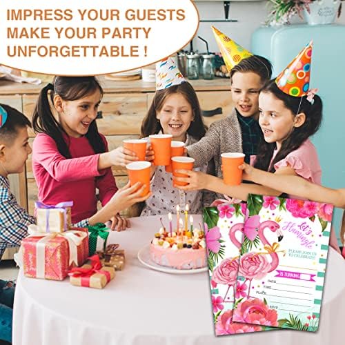 Покани Картички Let ' s Flamingle за рожден Ден, Двустранно покана за парти с фламинго и палмови листа за тийнейджъри, момичета и момчета - Аксесоари за детски партита, 20 Използваеми покани в пликове-B19