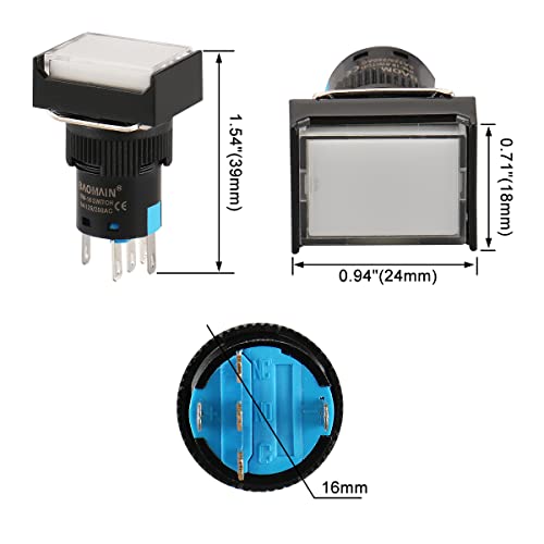 Baomain 5/8 16 мм Бутон Превключвател Незабавен Правоъгълен Капачка Светодиодна Крушка Бяла Светлина, DC 12V SPDT 5 Пин Опаковка от 5