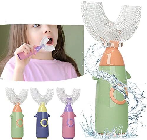 Детска U-Образна Ръчна четка за Зъби, с 2 бр. мека силиконова приставка за почистване на зъбите на 360 °, дизайн дръжки с изображение на делфин за деца от 1 до 12 години за деца (1-8 години, синьо)