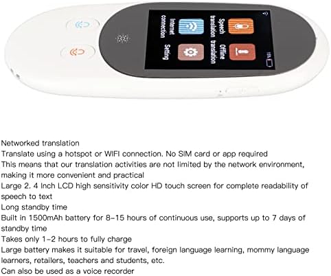 Устройство за превод на езици, Портативен WiFi 126 Езици, Незабавен Преводач с Докосване на екрана 2.4 Инча, за Пътуване, за Обучение на Бизнеса (Бял)