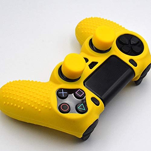 Набор от противоскользящих силиконови облицовки FOTTCZ с точки на дръжката за защита контролер PlaySation 4 (псевдоним Wireless DualShock 4), 1 бр. жълта обвивка контролер + 8 бр. жълти капачки за улавяне на палеца