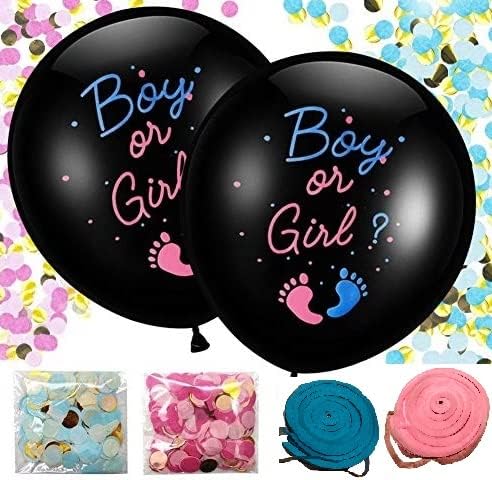 Хлопающий балон за парти XL с разкриването на пода - Комплект за разкриване на пода със сини и розови конфети - Комплект за разкриване пола на черно балон с пискюли - Комплект за разкриване на пода момче или момиче