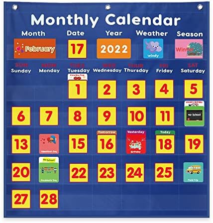 Джобен календар за месец за клас, Джобен график на месец и на времето, Джобен календар за месец с карти за училищни принадлежности (син)
