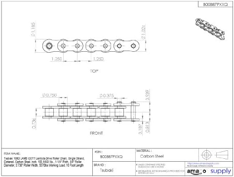 Задвижваща роликовая верига Tsubaki 100LAMCB Lambda, Одножильная, Шплинтовая, Въглеродна стомана, номер ANSI 100, стъпка 1-1 / 4 , диаметър валяк 3/4 широчина на валяк 0,736, натовареност 5070 килограма, дължина 10