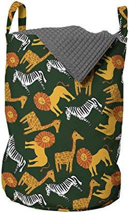 Чанта за дрехи Ambesonne Animals, Мультяшные Лъвове, Зебри и Жирафи на Реален Предмет в Детски стил Африканска природа, Кошница за дрехи с дръжки, Закрывающаяся на шнур, за пране, 13 x 19, Многоцветен