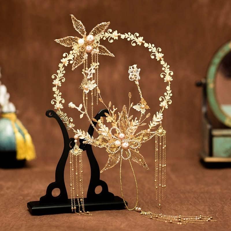 YFSDX Златна Сватба Фен на Букети Цветя, Ръчно изработени Beaded Китайски Сватбен Метален Кръг Ръчно Фен на Сватбени Аксесоари