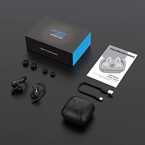 Безжични слушалки USBERG за спорт, Bluetooth 5.1 с двоен микрофон, водоустойчивост IPX5, черни, с калъф за зареждане USB-C Са идеални за джогинг и тренировки