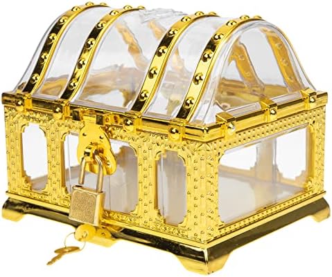 Пиратско съкровище за деца: Декоративен Прозрачен Пиратския Сандък, Кутия за Съхранение на колекция от съкровища на Хелоуин Игра със Съкровища, Pirate тема, за да проверите за рожден ден (Цвят: златен размер: 14X11