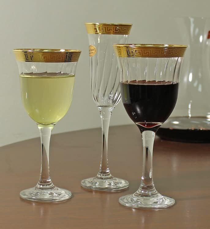 Стилен и модерен Комплект от стъклени чаши за провеждане на партита и събития - 9 грама, Чаши за червено Вино, Гръцки ключ на златна лента, Комплект от 6