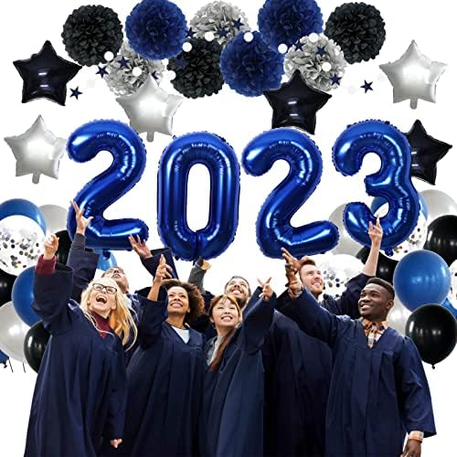 MEIWUTIE Аксесоари за парти в Навечерието на Нова Година 2023, Клас бижута 2023 Синьо и черно цветя, балони Fiol, Банер, Цветя Помпоны, Венец Circel за абитуриентски бижута 2023