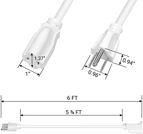 Удължител DEWENWILS 6 метра, Защитен от атмосферни влияния Захранващия кабел мощност 14/3 SJTW за използване в и извън помещения, Тежкотоварни захранващ кабел с 3 шипа, бял, посочен ETL, 2 опаковки