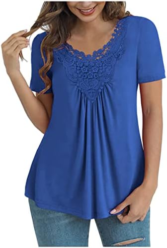 Nxxyeel дамски летни тениски, туника с V-образно деколте, туника с къс ръкав, вязаная на една кука, ежедневна блуза, блузи големи размери
