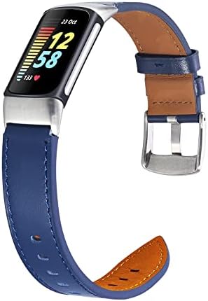 Кожени Въжета, Съвместими с Fitbit Charge 5, Каишка за часовник от естествена кожа, за жени и мъже, Подплатени Сменяеми каишки за Charge 5 Advanced Fitness & Health, Tracker, Един Размер, тъмно син