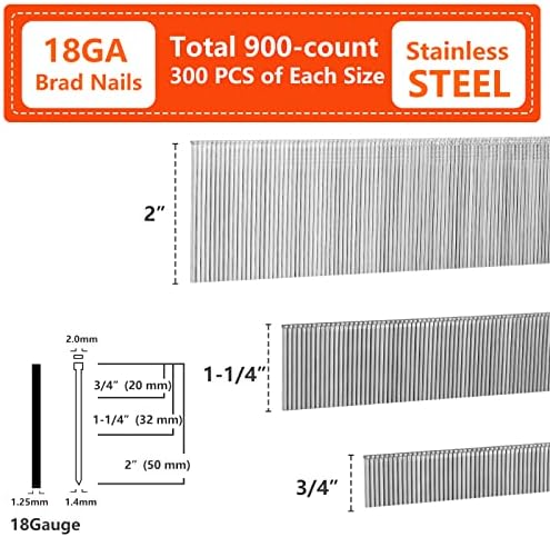 Определяне на Пирони SITLDY От Неръждаема Стомана 18 Калибър 1200 броя в опаковка (3/4, 1-1/4, 2, 400 Бр на всеки размер), Дизайнът на опаковката с различен размер, за пневматични