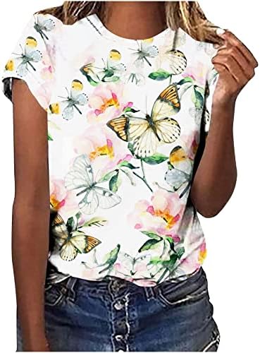Блуза, Тениска за Момичета с Къс ръкав 1/2 2023, Памучен тениски с деколте Лодка и Цветен Модел, като Основната Тениска за Обяд 58