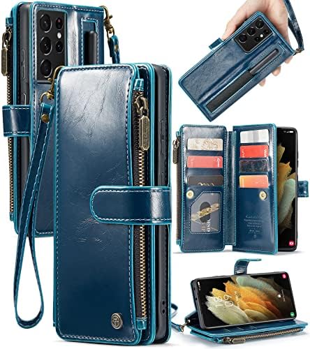 asapdos Samsung Galaxy S21 Ultra Case Чантата с притежателя на Spen, Ретро Замшевый каишка от Изкуствена Кожа, Флип калъф с магнитна закопчалка, държач за карти и поставка за мъже и Жени (в Синьо)