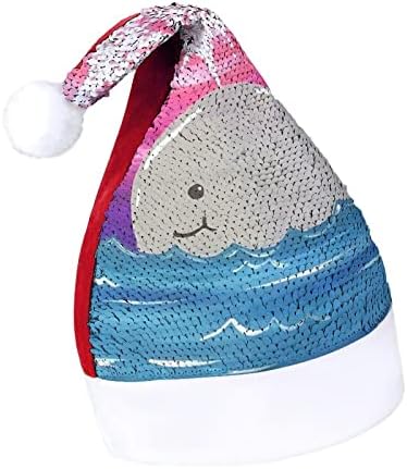 Забавна коледна шапка с хубав бебето делфин, шапки на Дядо Коледа с пайети за мъже и жени, украса за коледното парти
