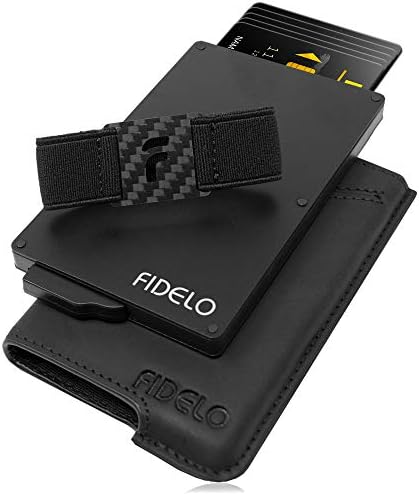Хибриден Минималистичен Мъжки портфейл Fidelo с притежателя на бутона Airtag - Метален Плосък Тънък портфейл с въздушна етикет, Безопасен за кредитни карти с RFID заключване и клипс за пари - Черни мъжки Портфейли с
