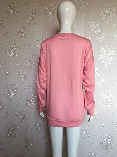 Andongnywell/ Жена Пуловер с кръгло деколте и дълъг ръкав, Блузи с джобове, Ежедневни Широки Блузи, Ризи с джобове (Розово, Средно)