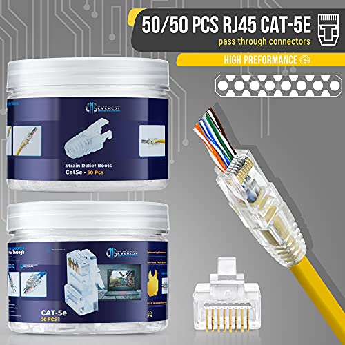 Everest Media Solutions RJ-45 Cat5e Минава през съединители и ограничители на напрежение - Комплект от 50/50 | EZ за кримпване на единица щепсела за непрекъснат или многожильного мрежов кабел UTP