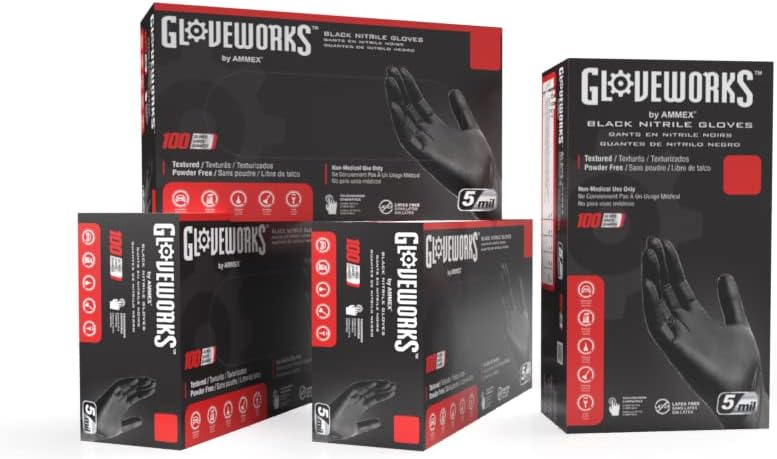 Промишлени ръкавици GLOVEWORKS Черни еднократна нитриловые, 5 на Хиляда, Без латекс и прах, безопасни за хранителни продукти, Текстурирани, Големи, 4 кутии по 100