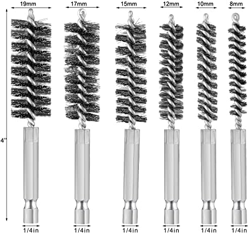 6 Броя Четки за отвори от неръждаема стомана в различни размери, четка за почистване от усукана тел от неръждаема стомана с дръжка, шестостенни на опашка 1/4 инча за ш