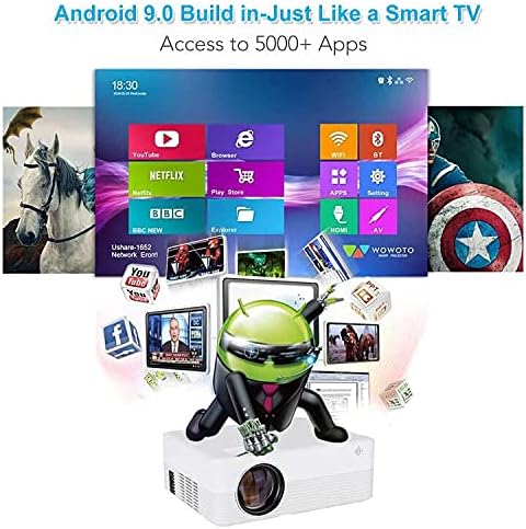 Умен проектор Famishow Android TV 9.0, мини проектор с вграден Wi-Fi и Bluetooth, с подкрепата на 8500 лумена 4K и 250-инчов дисплей, Лаптоп видео проектор за домашно кино и улично кино