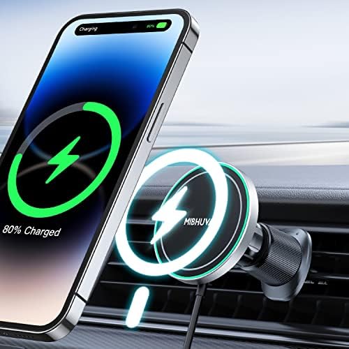 Магнитно безжично зарядно за кола Mibhuvan [Бързо зареждане 15 W] за притежателя на телефона Magsafe [20 от най-силните магнити] Вентилационна определяне на Магнитното зарядно устройство за мобилни телефони Samsung