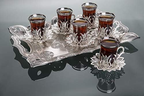 Набор от турски арабски Чаени Чаши LaModaHome от 6 броя с Чинии и Притежатели - Необичайна Ретро Златен Комплект ръчно изработени за Сервиране, за подарък, пиенето на Чай
