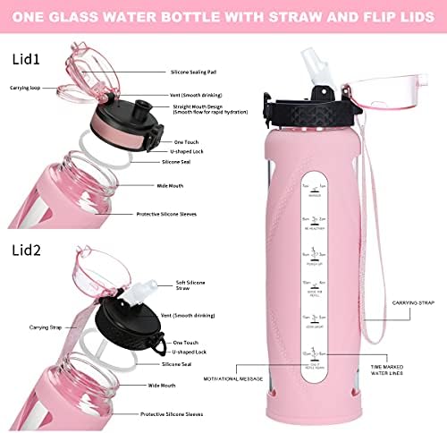 Стъклени бутилки за вода GOPPUS на 32 грама с соломинкой и панти капак, Мотивиране на Бутилки за вода с Напомняне за времето и силиконов ръкав, Херметически затворени, не съдържа BPA (розово ръкав)
