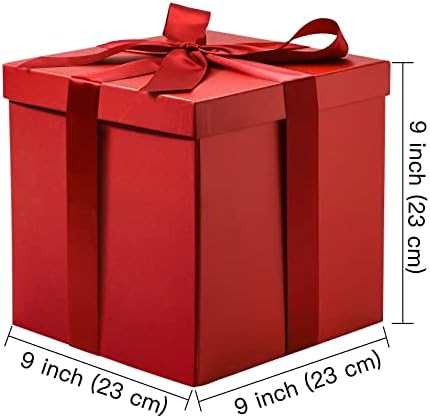 Подарък кутия RUSPEPA Medium Рожден Ден с Капаци, панделка и цигарена хартия, Сгъваема Подарък кутия - 1 бр, 9x9x9 см, Червена